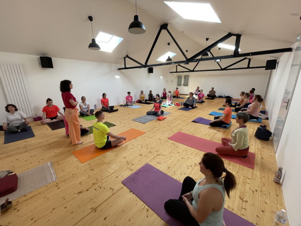 Cours de yoga en groupe sur tapis dans la salle du Studio Coqoon à Saint-Nazaire